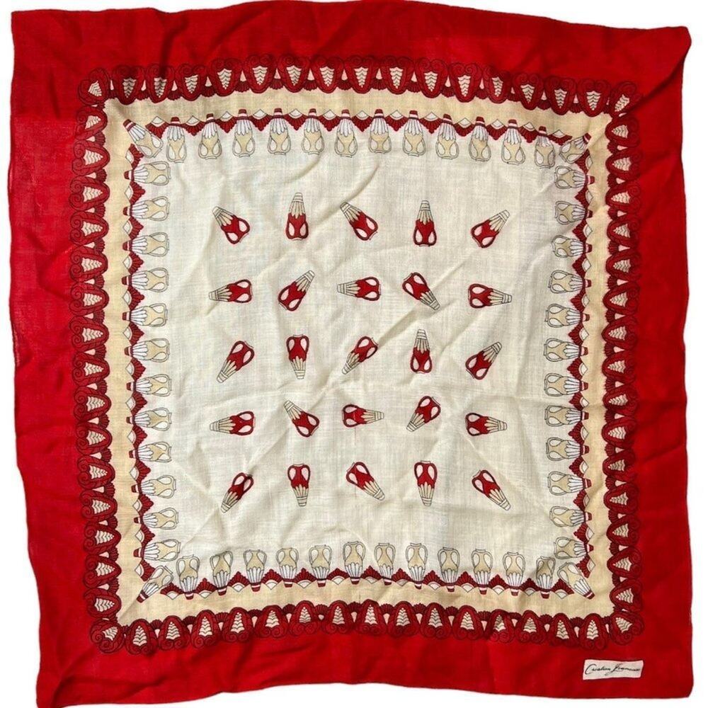 Vintage Square Wool Scarf Red Cream Vase Bottle Print 30"X30"